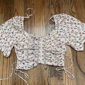 Beige Floral Print Ruched Drawstring Crop Top
